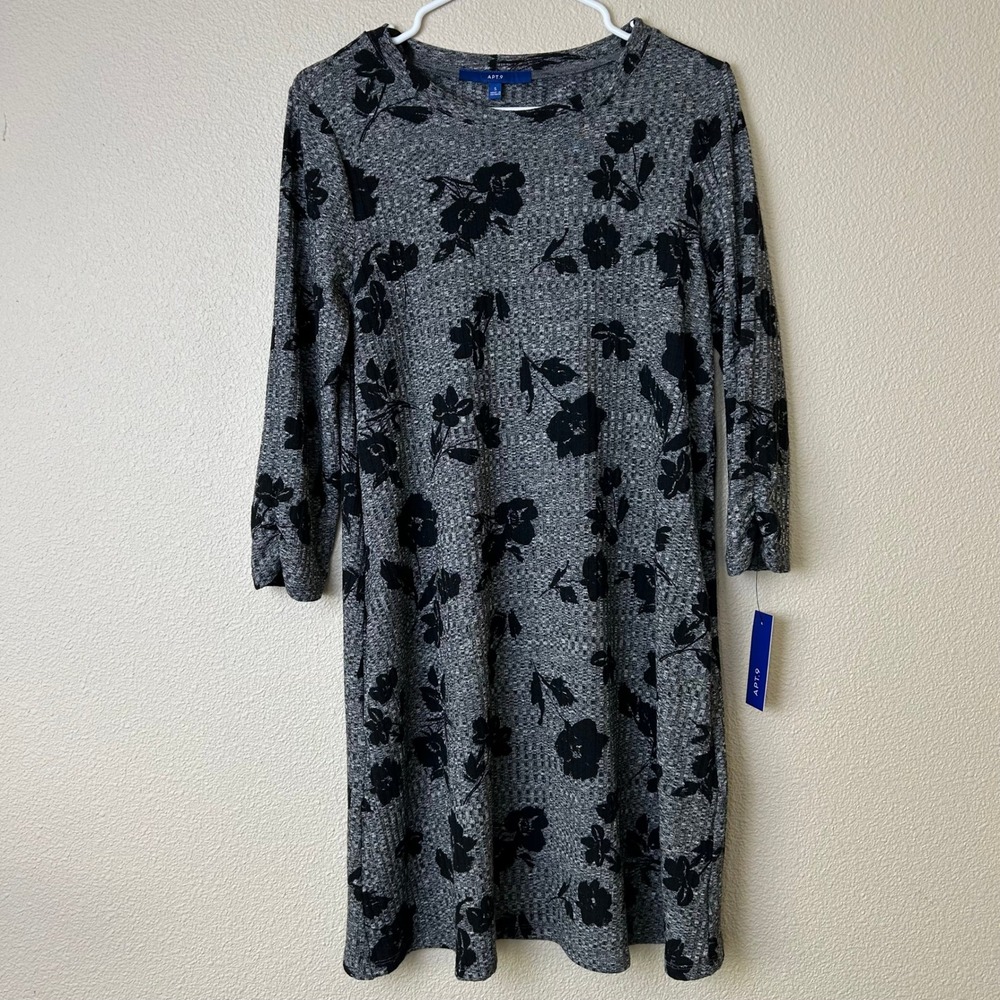 Apt. 9 Womens Gray Black Floral Ribbed Knit Soft Cozy Stretch Shift Dress S NWT
